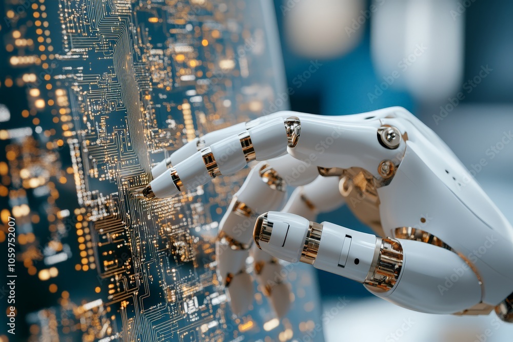Poster a robotic finger interacts with a virtual circuit design on a digital interface, symbolizing the cut