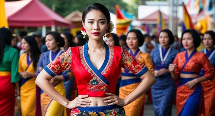 Fototapeta premium Indonesian model posing in traditional kebaya calm expression vibrant background of cultural festival mid twenties female