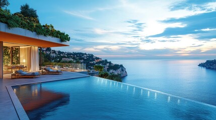 Fototapeta premium Scenic luxury resort in Villefranche, overlooking blue waters and picturesque coastal cliffs, epitome of French Riviera beauty