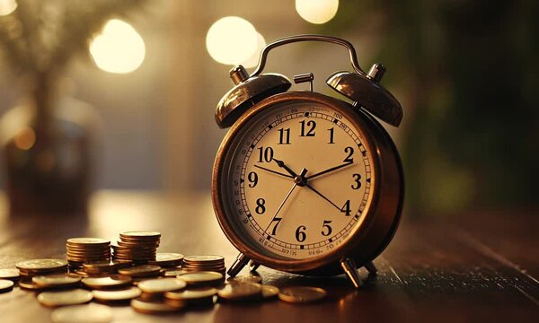 A vintage alarm clock beside scattered coins, symbolizing time and money management.