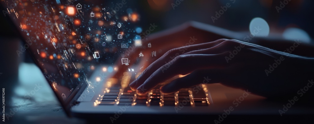 Poster hands typing on laptop keyboard with futuristic digital interface in dark environment