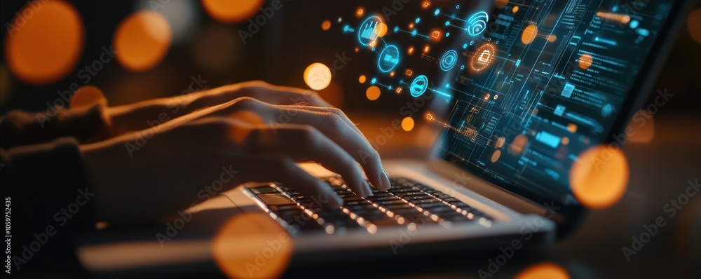 Poster hands typing on laptop keyboard with futuristic digital interface in dark environment