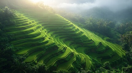 Lush Green Rice Terraces with Sunlight Streaming Through Fog