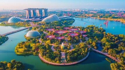 Aerial View of Gardens by the Bay and Marina Bay Sands in Singapore