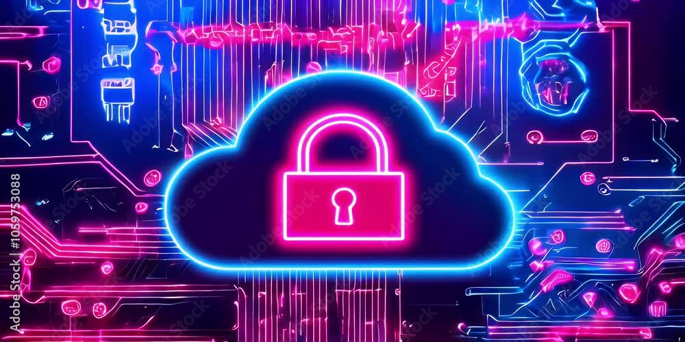 Poster cloud computing security concept with a neon padlock symbol inside a blue cloud on a dark background