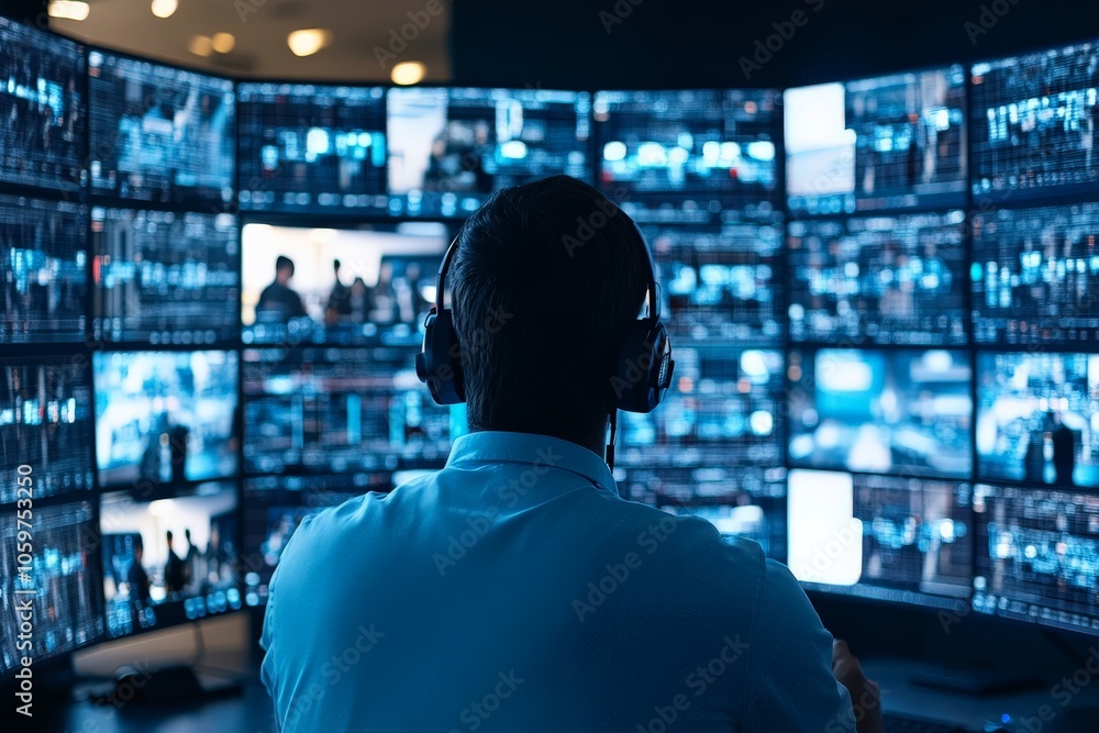 Poster a security operator is monitoring numerous screens, wearing headphones. the complex interface indica