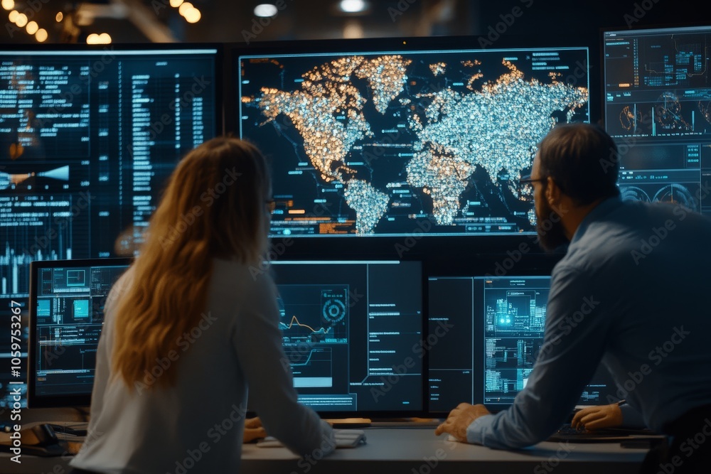 Poster two team members analyze global data displayed on a large control screen. their teamwork and focus r