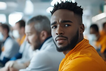 Fototapeta premium A diverse group of professionals intently engages in a task, with a young man in orange standing out amid the focused, collaborative energy surrounding them.
