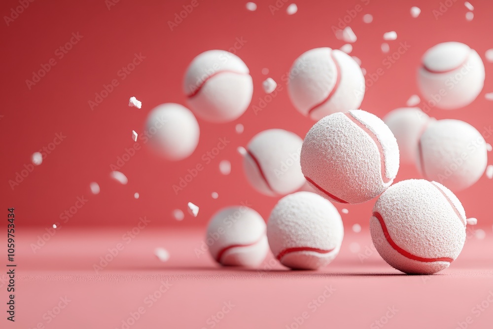 Poster multiple white balls with red borders energetically bounce across a soft pink background, creating a