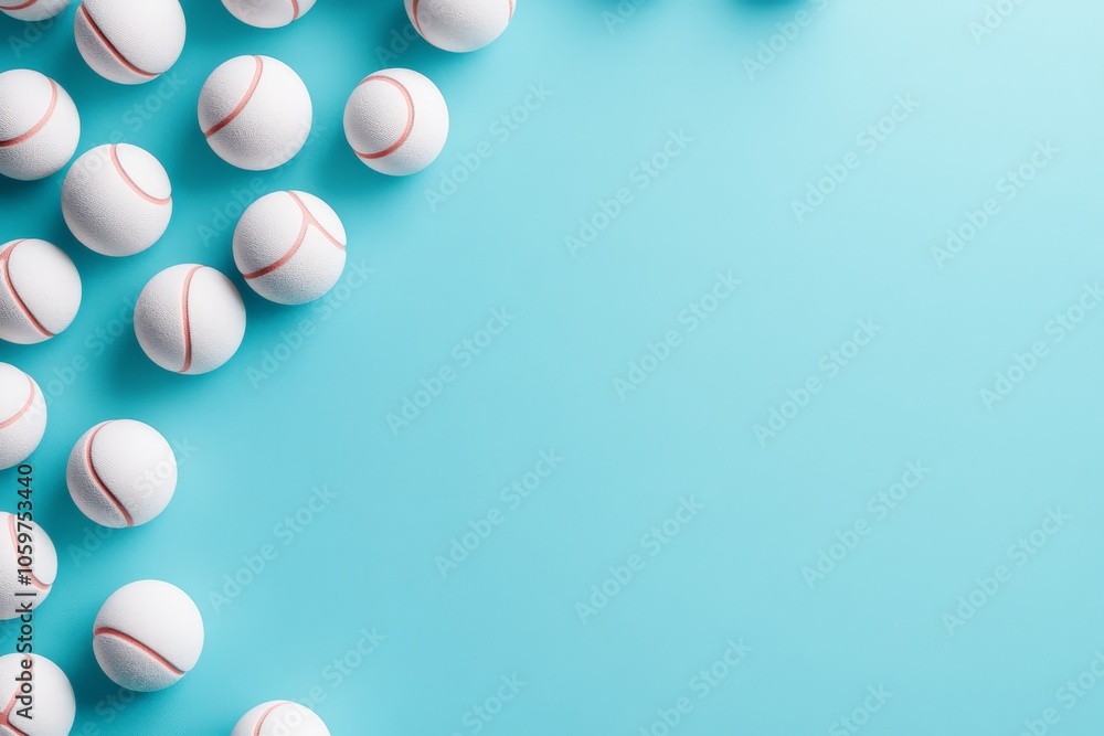 Poster white balls marked with red lines are neatly arranged in the upper corner on a vivid blue background