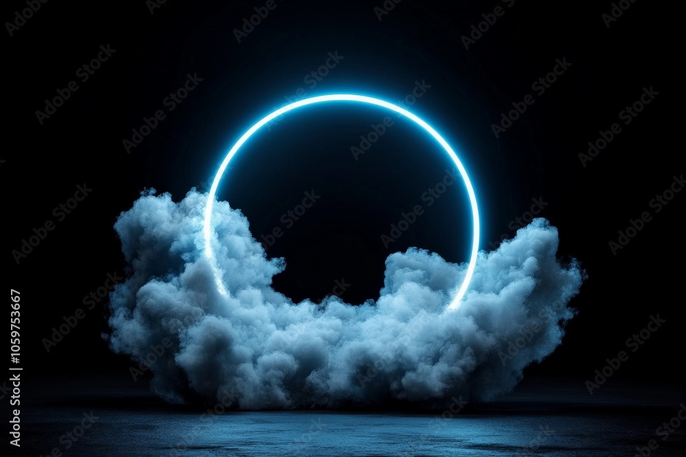 Poster a radiant neon circle hovers mesmerizingly over a cloud-like structure in a dark setting, creating a
