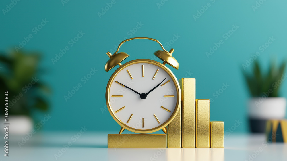 Poster golden alarm clock with bar graph symbolizing time management and growth