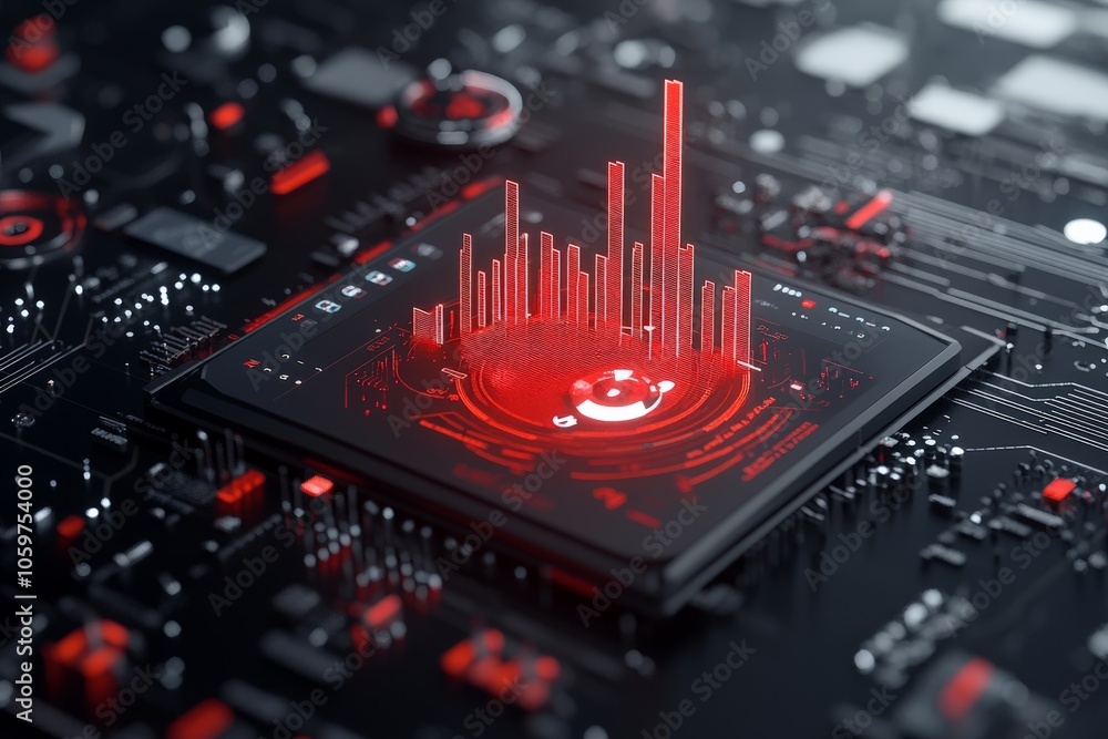 Poster a high-tech circuit board with a red bar graph projection, symbolizing data analytics and futuristic