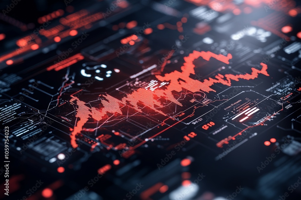 Poster a futuristic digital interface showcasing a dynamic red wave graph, encapsulating data analysis and 
