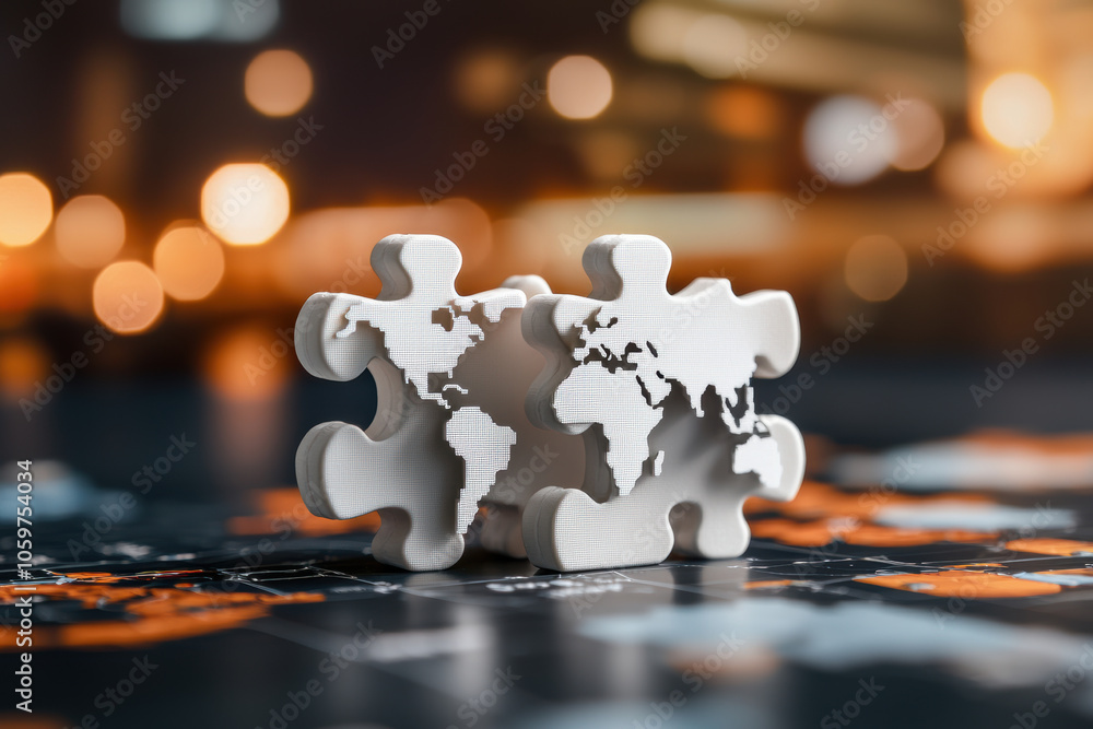 Poster puzzle pieces with world map design symbolize global connections and growth. blurred background adds