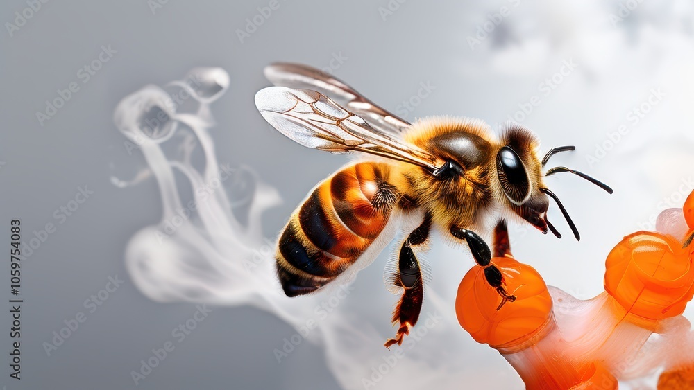 Poster a close-up of a bee hovering near orange structures, surrounded by a misty background.
