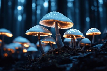 Fototapeta premium Brightly lit mushrooms illuminate an enchanting, dark forest backdrop, evoking a dreamlike, ethereal mood, blending nature’s mystery with a fantasy aesthetic.