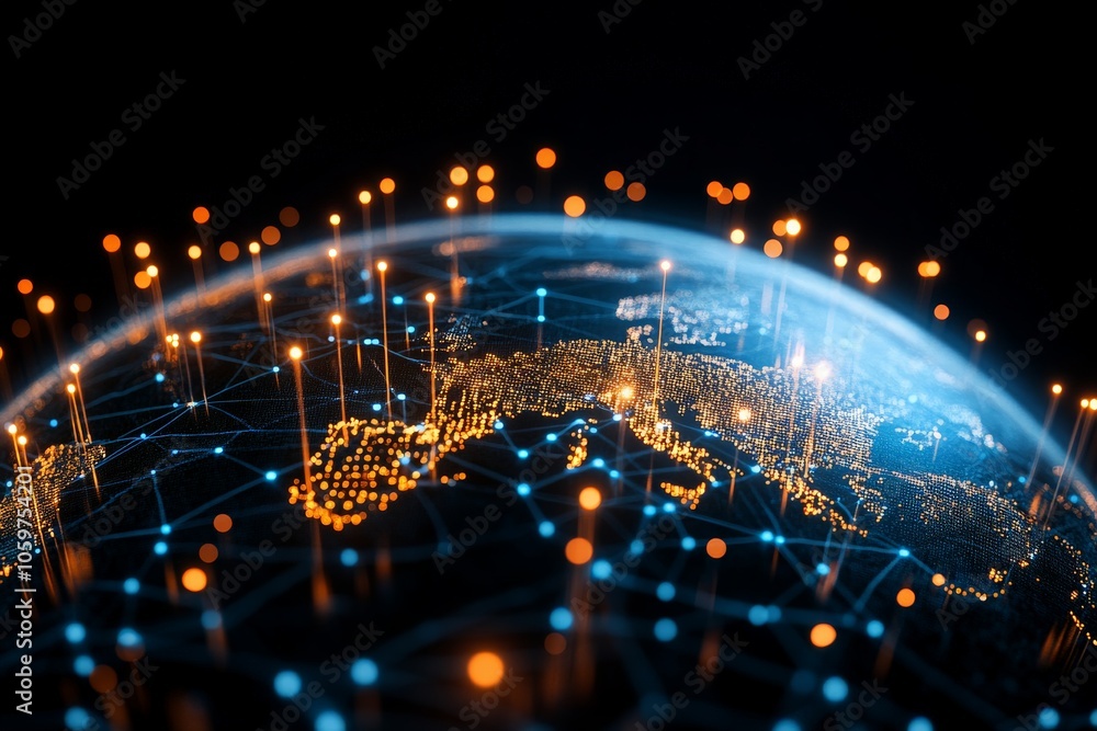 Poster a striking visual of a connected digital network spread across a geographical world map, illustratin