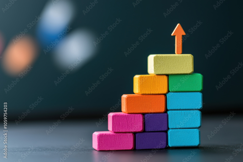 Poster colorful building blocks arranged in staircase pattern symbolize growth and progress, with upward ar