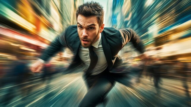 Dynamic businessman running through bustling city streets, a depiction of fastpaced urban work life