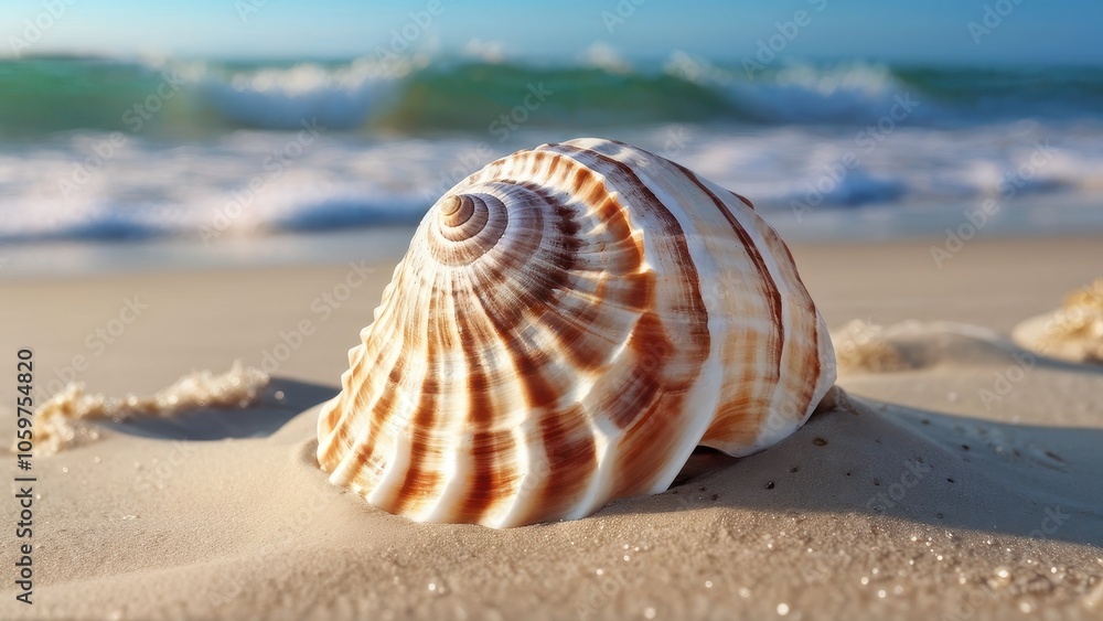 Poster a close-up of a beautifully patterned seashell resting on sandy beach with ocean waves in background