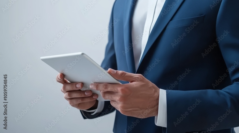 Poster businessman in a suit using tablet, enhancing productivity and streamlined workflow through mobile o