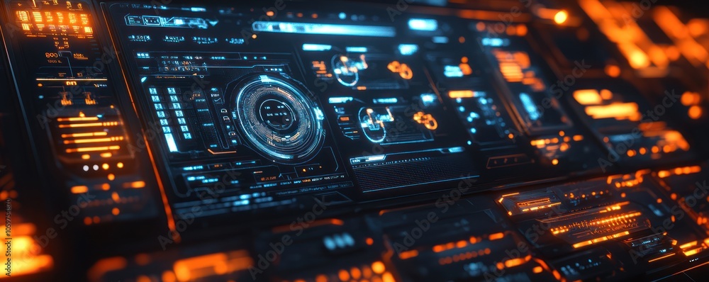 Poster futuristic sci-fi control interface with neon technology and data displays