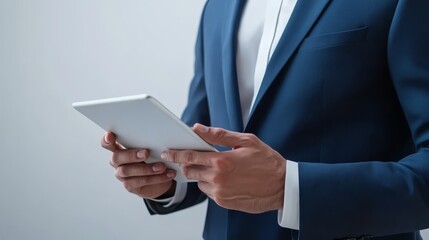 Businessman in a suit using tablet, enhancing productivity and streamlined workflow through mobile office solutions