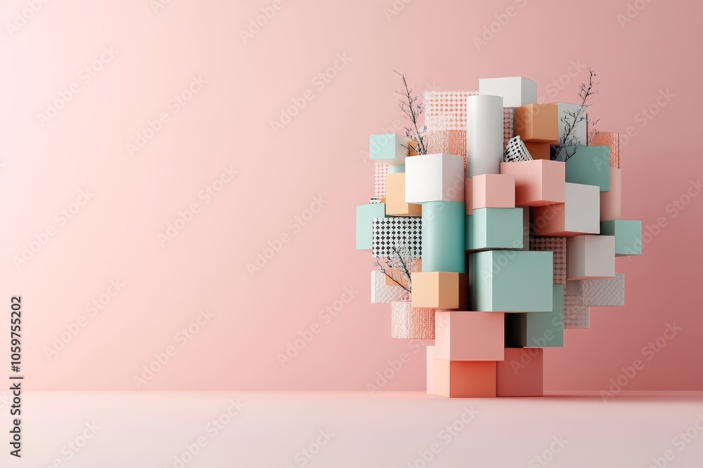 Poster A vibrant and colorful geometric abstraction composed of various cubes and patterns arranged in an artistic sculpture style against a soft pink backdrop.