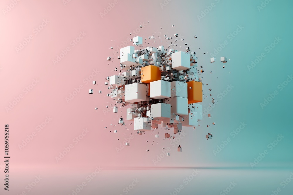Poster an abstract composition of floating cubes illustrated in a dynamic 3d style, exhibiting a modern and