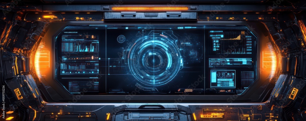 Poster futuristic sci-fi control interface with neon technology and data displays