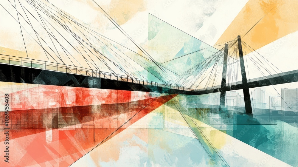 Aufkleber the artwork presents a vibrant interpretation of a bridge, showcasing bold colors and dynamic lines 