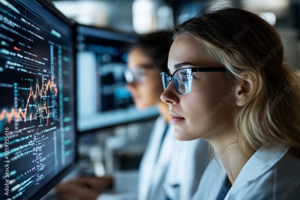 Poster a scientist deeply focused on analyzing complex data displayed on a computer screen, possibly workin