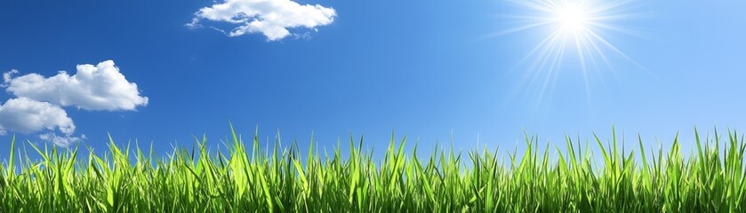 Obraz premium Vibrant blue sky meets lush green grass, a picturesque landscape with fluffy white clouds