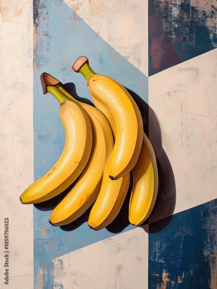 Poster a cluster of ripe bananas is showcased on a backdrop of striking geometric patterns, highlighting th