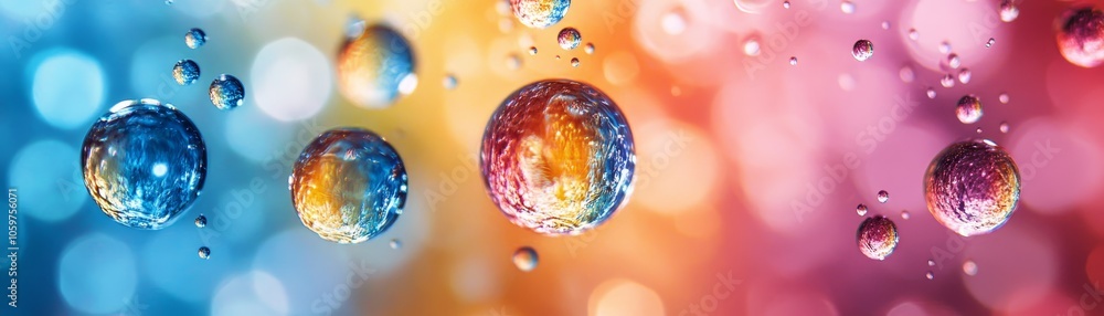 Poster mesmerizing macro photography, water droplets on a colorful gradient background with stunning textur