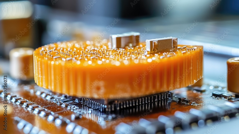 Poster detailed view of microchip embedded in orange circuitry, showcasing precision engineering and electr