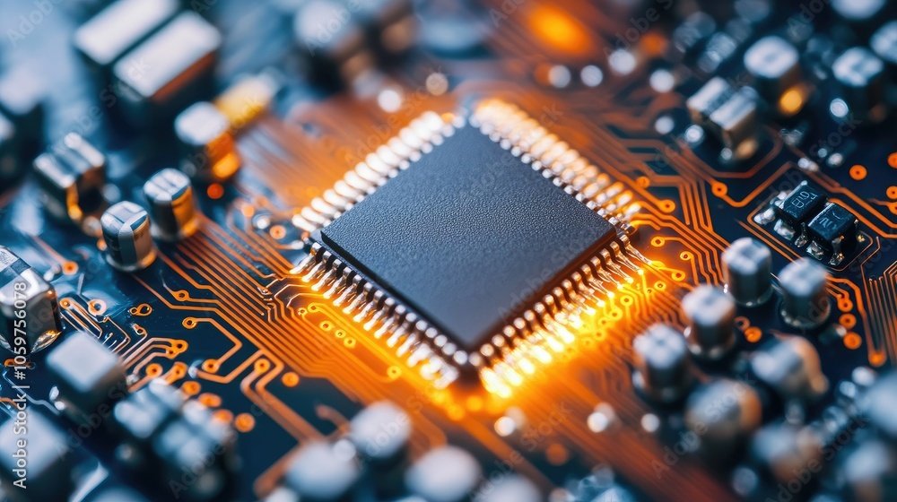 Poster detailed view of microchip embedded in orange circuitry, showcasing precision engineering and electr