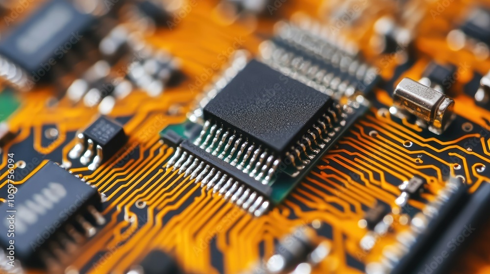 Poster detailed view of microchip embedded in orange circuitry, showcasing precision engineering and electr