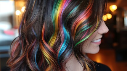 Naklejka premium Dynamic portrait of a woman with vibrant, multicolored hairstyle, showcasing spectrum of colors and modern beauty trends.