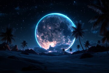 A mystical illuminated planet setting behind palm trees&rsquo; silhouettes, blending the serene ambiance of a tropical nightscape with cosmic wonders beyond.