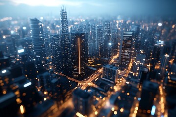 Obraz premium A captivating urban landscape with a focus on skyscrapers illuminated by bright city lights, creating a vibrant atmosphere against a blurry, darkened backdrop.