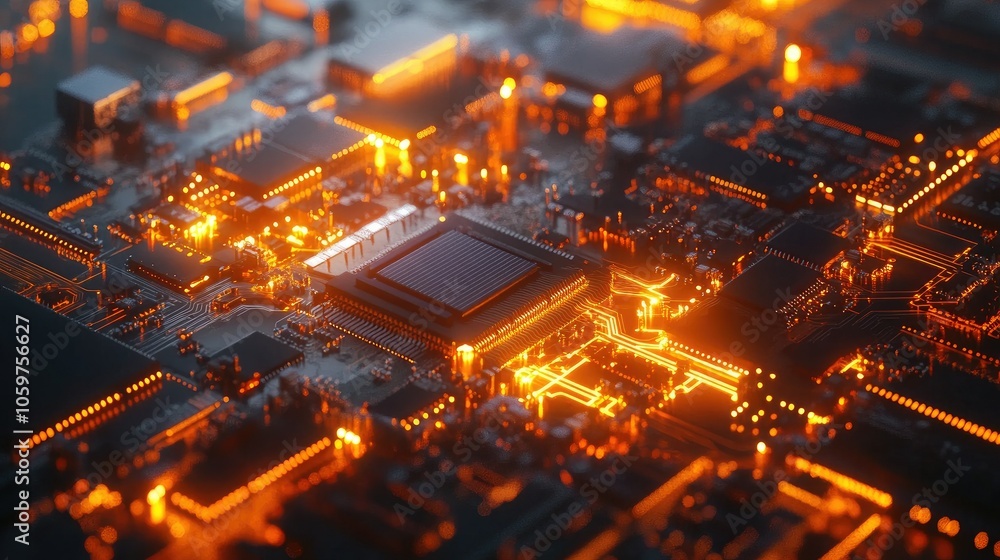 Poster futuristic orange pcb close-up with microchip, circuit paths glowing subtly, representing digital te