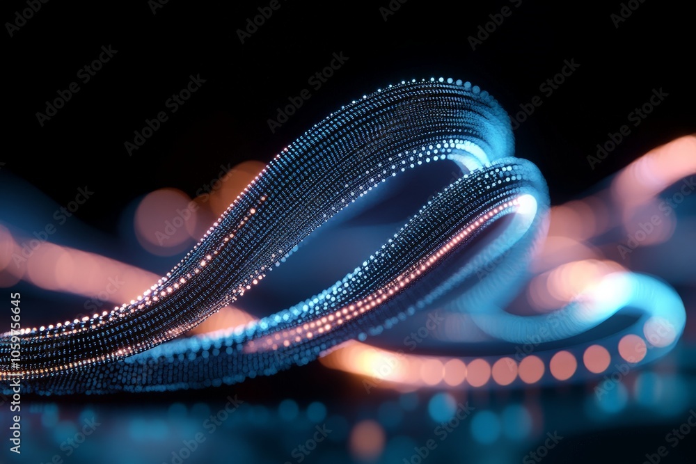 Poster this image showcases dynamic, luminous waves that swirl gracefully against a dark background, creati