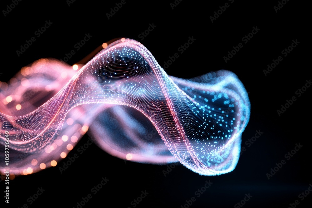 Poster a glowing wave of digital threads, flowing in undulating patterns against a dark background, symboli
