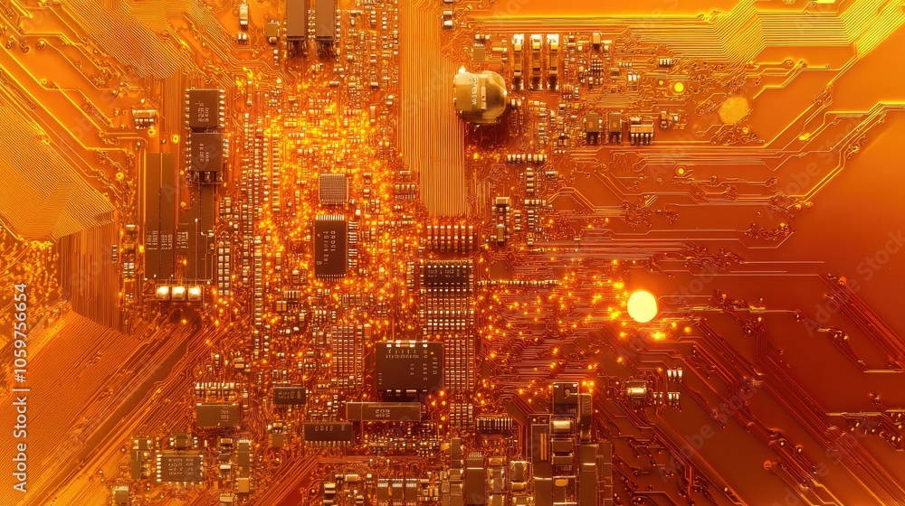 Poster futuristic orange pcb close-up with microchip, circuit paths glowing subtly, representing digital te