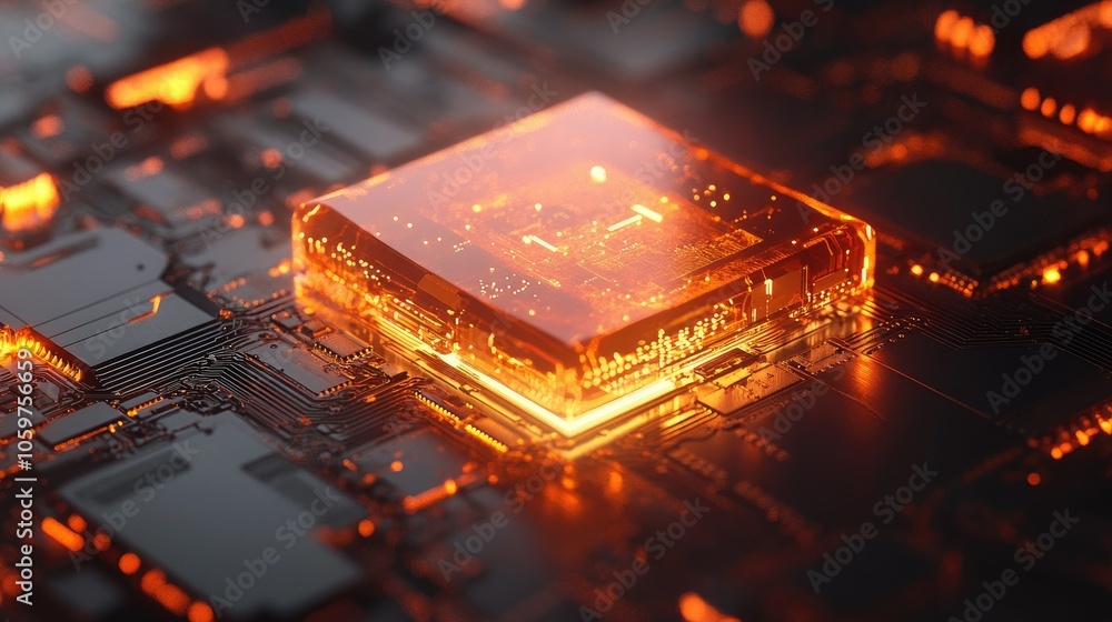Poster Futuristic orange PCB close-up with microchip, circuit paths glowing subtly, representing digital technology