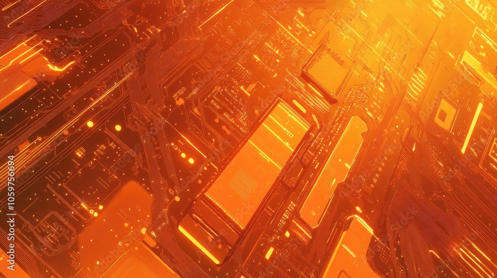 Poster futuristic orange pcb close-up with microchip, circuit paths glowing subtly, representing digital te