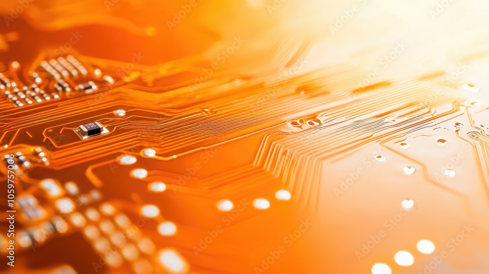 Poster macro shot of orange circuitry board with focused microchip, cutting-edge technology theme