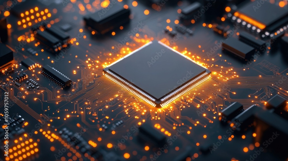 Aufkleber macro shot of orange circuitry board with focused microchip, cutting-edge technology theme